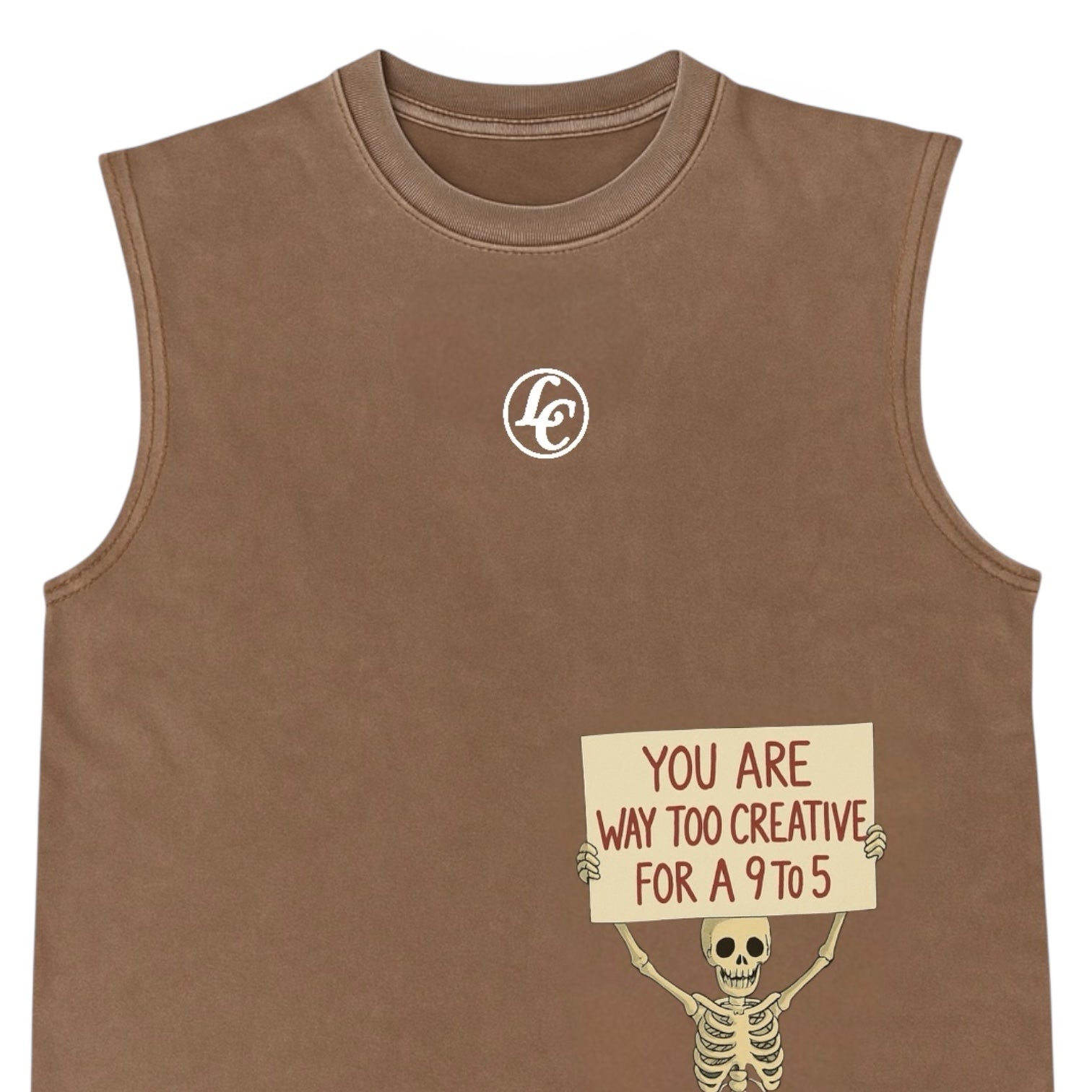 Brown sleeveless shirt with skeleton holding a sign and logo on a white background